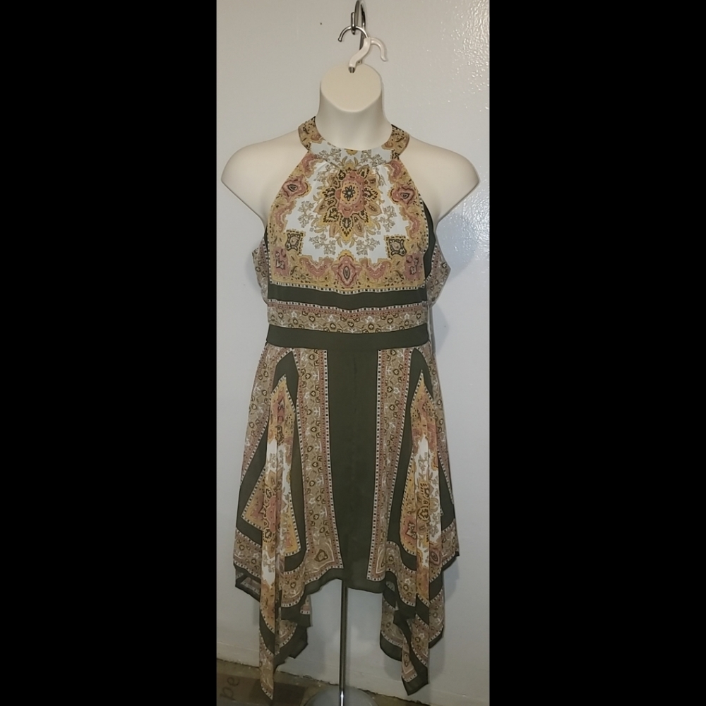 Green and Pink Paisley Mock Neck Dress